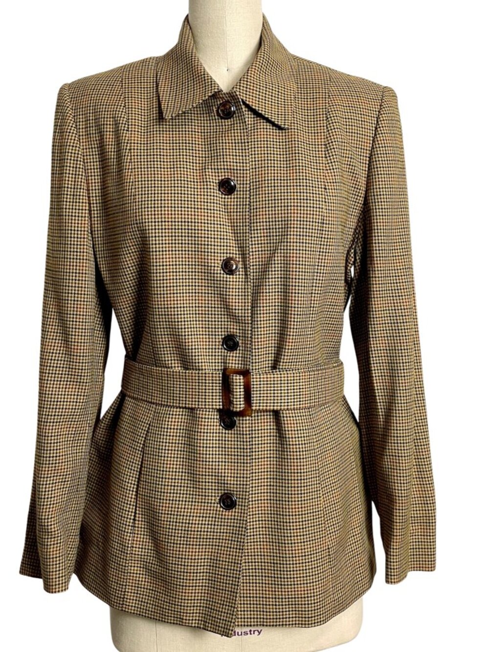 Vintage Talbots belted tan houndstooth check hunt jacket - size medium